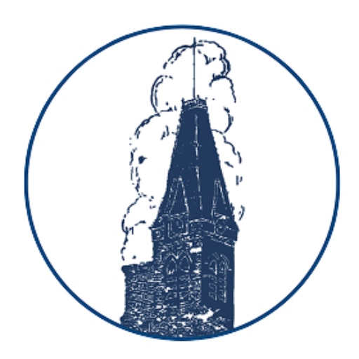 Blue circle with the a blue silhouette of the Tower Clock.